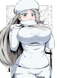 1girls 2019 alternate_breast_size blue_eyes blush breast_suppress breasts clothed clothing cowboy_shot earrings eye_contact female female_only fully_clothed gloves gym_leader half-closed_eyes hand_on_chest hat highres huge_breasts human human_only jewelry long_hair long_sleeves looking_at_viewer melony_(pokemon) milf nintendo open_mouth pokemon pokemon_ss ring shorts silver_hair single_glove solo suzusiigasuki thick_thighs thighs turtleneck wedding_ring white_background white_headwear wide_hips