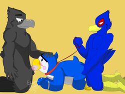 2020 3boys 5_fingers anthro bird brawl_stars crossover crow crow_(brawl_stars) edward_dexter falco_lombardi feathers gay handcuffs leash male male_only male_penetrated male_penetrating mr._p_(brawl_stars) orange_background penguin penis penis_in_mouth penis_in_pussy sex star_fox yaoi