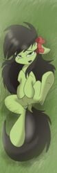 absurd_res anonymous_artist bedroom_eyes black_hair dakimakura_design dakimakura_pose earth_pony emerald_blade_(oc) equid equine fan_character female friendship_is_magic furry genitals green_eyes hair hi_res horse mammal my_little_pony narrowed_eyes open_mouth pony pussy ribbons seductive solo spread_legs spreading