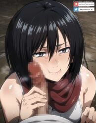 1boy 1girls ai_generated attack_on_titan black_hair blowjob censored cheek cheek_tuft circumcised circumcision_scar dickslap erection female grey_eyes hand_on_penis happy happy_sex imminent_oral kingmaster looking_at_viewer male mikasa_ackerman mosaic_censoring oral patreon_username penis penis_on_face pov red_scarf scarf smile twitter_username