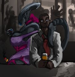 alien_(franchise) big_breasts dark-skinned_male djpuppeh dress human human_on_anthro lipstick xenomorph