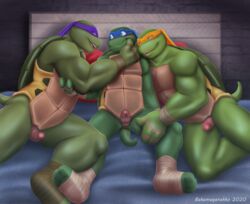 abs absurd_res animal_genitalia animal_penis anthro bakameganekko balls biceps big_muscles blue_eyes blush brother brothers clothing donatello_(tmnt) erection genitals green_body green_skin group group_sex hand_on_cheek hand_on_thigh hi_res leonardo_(tmnt) male male/male mask michelangelo_(tmnt) muscles muscular muscular_male open_mouth penis reptile scalie sex shell sibling smile technical_incest teenage_mutant_ninja_turtles teeth tongue tongue_out turtle