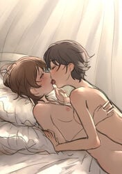 2girls bed blush breasts brown_hair commentary_request duo eyebrows_visible_through_hair freckles girls_und_panzer highres hora_maru_mate kissing large_breasts lesbian light-skinned_female light_skin multiple_girls nipples nude on_bed passionate pillow romantic shiny shiny_hair short_hair softcore suzuki_(girls_und_panzer) tongue tongue_out tsuchiya_(girls_und_panzer) upper_body very_short_hair yuri