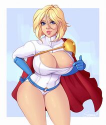 alien_girl alternate_universe areola_slip areolae big_breasts blonde_hair blue_eyes cape dc female female_kryptonian female_only kara_zor-l karen_starr kryptonian nipples power_girl short_hair sienna smile solo solo_focus superheroine superman_(series) thick_thighs