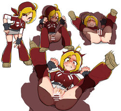 1boy absurdres bandana blonde_hair bottomless clothed_sex cum cum_in_pussy cyrano female highres king_of_fighters malin mating_press pubic_hair questionable_consent short_hair snk straight