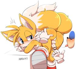 anthro ass backsack balls blue_eyes blush bodily_fluids canid canine censored duo exposed_torso footwear foreskin fox genitals handwear hanuvo hi_res humanoid looking_back male male/male mammal penis saliva small_penis sonic_(series) sonic_the_hedgehog sonic_the_hedgehog_(series) tails uncut white_balls white_penis