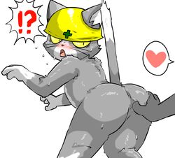 ambiguous_gender armor ass blush bodily_fluids butt_grab domestic_cat duo enigi09 faceless_character felid feline felis fur gay grey_body grey_fur hand_on_butt hard_hat headgear heart helmet imminent_sex male male_focus male_only mammal nude safety_cat simple_background sweat whiskers white_background white_body white_fur yaoi yellow_eyes