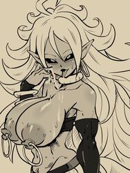 1girls 2010s android_21 areolae black_and_white black_sclera black_sleeves breasts cum cum_in_mouth dark_persona dragon_ball dragon_ball_fighterz dripping dripping_cum dripping_tongue earrings female hoop_earrings huge_breasts humanoid large_areolae long_hair majin majin_android_21 monochrome nipple_piercing nipple_rings nipples open_mouth pierced_nipples pink_skin pointy_ears sepia simple_background sweat sweaty_breasts tail thin_waist topless very_long_hair white_bracelet white_hair