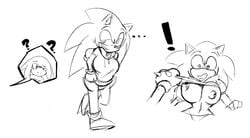 ! ... ? anthro big_breasts breasts clothed clothing clothing_lift duo female genderswap hi_res hoodie knuckles_the_echidna male missphase mobian_(species) monochrome nipples rule_63 sega shirt shirt_lift sketch sonic_(series) sonic_the_hedgehog sonic_the_hedgehog_(series) sonique_the_hedgehog sonknux straight topwear