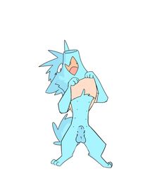 animal_genitalia anthro aquest balls blue_balls blue_body blue_eyes blue_fur blue_hair blue_sheath bottomless canid canine canis clothed clothing clothing_lift domestic_dog flashing fully_sheathed fur genitals hair looking_at_viewer male male_only mammal multi_nipple nipples open_mouth sheath shirt shirt_lift smile solo stompdog topwear