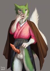 2020 anthro balls clothed clothing crossdressing dress erection fur genitals hi_res looking_at_viewer lynxwolf male male_only mammal penis presenting presenting_penis sergal solo