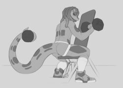 anthro anus ass clothing dreadlocks exercise eyewear footwear gecko goggles goggles_on_head hi_res legwear lizard long_tail male male_only monochrome prehensile_tail reptile scalie shoes simple_background sneakers socks solo thick_tail tkraccoon weights