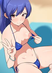 1girls areola areolae beach bikini bikini_pull blue_bikini blue_hair blue_swimsuit blush blushing bracelet breast_out breasts chihaya_kisaragi clothing curvy embarrassed eyebrows_visible_through_hair eyelashes female female_only flashing hair_between_eyes highres idolmaster jabara_tornado looking_at_viewer navel nipples one_breast_out outdoors partially_clothed petite ponytail presenting presenting_breasts public pulled_by_self shiny_hair side-tie_bikini sitting small_breasts smile smiling solo string_bikini sweat sweatdrop sweating sweaty swimsuit the_idolm@ster thick_thighs v