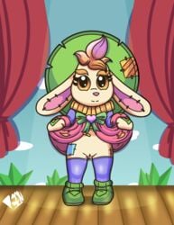 2d anthro bodily_fluids clothed clothing doll female fur hat headgear headwear kcn lagomorph leipori leporid mammal moji_(paladins) paladins plushie rabbit upskirt video_games