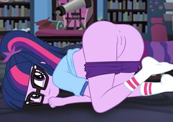 1girls accurate_art_style ass ass_up equestria_girls female female_only friendship_is_magic glasses hasbro legend_of_everfree looking_at_viewer looking_back looking_back_at_viewer my_little_pony philelmago ponytail purple_skin pussy sci-twi socks