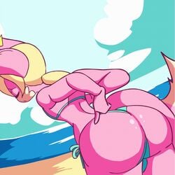 1:1 1boy animated anthro artist_name ass beach big_ass bikini blonde_hair diives femboy fox furry girly hi_res loop male male_only original_character pink_body pink_fur prince_kiwa rear_view solo trap watermark