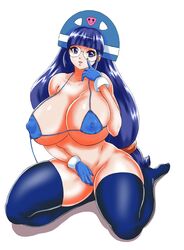 big_breasts blue_eyes female female_only glasses gluko long_hair mon_colle_knights nexus-sig nipples nipples_visible_through_clothing purple_hair solo solo_female solo_focus thighhighs