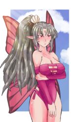 1girls angry bare_legs bare_shoulders big_breasts blush blush fairy fairy_wings female fire_emblem fire_emblem_heroes grey_hair long_hair nintendo plumeria_(fire_emblem) pointy_ears ponytail purple_swimsuit red_eyes solo solo_female swimsuit violet_swimsuit wasserplane wings