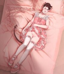 1boy adorable andromorph bedding_background bell_choker blush bows brown_eyes brown_hair connor_(detroit:_become_human) cuntboy detroit:_become_human dress_lift femboy flat_chest girly hairless_pussy intersex kemonomimi nervous pink_pussy platform_heels ruffles solo submissive_male thighhighs