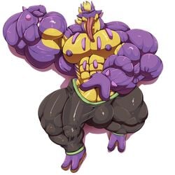 1boy 2_toes 3_fingers amped_toxtricity anthro anthrofied balls bara big_balls big_bulge big_muscles big_penis blonde_hair bobert boner bottomwear bulge clothed clothing erection fingers flexing hair hi_res huge_balls huge_bulge huge_cock huge_muscles hyper hyper_balls hyper_bulge hyper_genitalia hyper_muscles hyper_penis long_tongue looking_at_viewer lying male male_only muscular navel nintendo nipples pants penis pokémon_(species) pokemon pokemon_ss simple_background solo thick_thighs thick_tongue toes tongue tongue_out topless toxtricity video_games white_background wide_hips yaoi