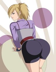 1girls ass behind_view bent_over bike_shorts blonde_hair bubble_butt clothed clothed_female clothes clothing dat_ass elmonais female female_only fingerless_gloves folding_fan fully_clothed green_eyes looking_at_viewer looking_back naruto naruto:_the_last posing short_shorts shorts solo temari twintails