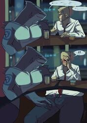 anthro bulge cavahn comic dc dc_comics fish heart hi_res human human_on_anthro interspecies john_constantine king_shark male male/male male_only mammal marine muscular muscular_male scar shark smoking tattoo under_the_table