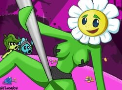 1girls 2boys anthro blue_eyes breasts female flimshadow flora flower freckles green_skin marigold_(pvz) money peashooter_(pvz) plant plant_girl plantie plants_vs_zombies smile snow_pea_(pvz) stripper stripper_pole taped_nipples underwear