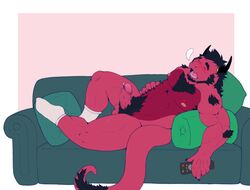 1boy anthro balls barazoku beard black_horns bodily_fluids clothing coffeecat digital_media_(artwork) erect_nipples erect_while_sleeping erection facial_hair genital_fluids genitals hi_res horns kemono legwear male male_only muscular nude on_sofa overweight penis precum red_skin sleeping sleeping_nude socks solo tv_remote