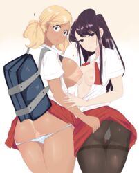 ! 2girls areolae ass bag big_ass big_breasts big_butt black_eyes black_hair black_pantyhose blonde_hair breasts breasts_out cameltoe female gyaru heart komi-san_wa_komyushou_desu komi_shouko long_hair manbagi_rumiko multiple_girls nipples pale-skinned_female pale_skin panties panties_down panties_visible_through_clothing pantyhose school_uniform skirt_lift small_breasts smile sombra222 surprised tan_skin tanline thick_thighs thighs twintails white_background white_panties