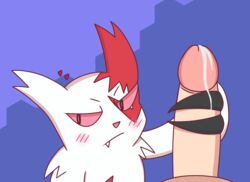 blush clawjob claws cum cumming ejaculation embarrassed furry handjob heart looking_away penis pokemon pokemon_(species) pokemon_rse pokephilia red_eyes red_fur simple simple_background simple_shading white_fur zangoose