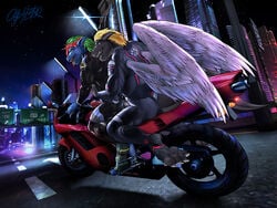 2020 4:3 5_fingers anthro biker biker_jacket biking blonde_hair blue_body brown_body clothed clothing dark dark_dragon_(character) detailed_background dragon driving duo erection feathered_wings feathers fingers genitals green_hair hair humanoid_genitalia humanoid_penis jacket leather leather_jacket male male/male motorcycle muscular night obfuscator open_mouth outside penetration penis rear_view red_hair riding rubber scalie sex signature sitting sky suit teeth tongue tongue_out topwear vehicle welsh_(scot365) white_wings wings