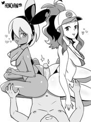 1boy 2girls ass bea_(pokemon) big_ass big_butt big_penis bikini breasts buttjob cap dark-skinned_female dark_skin double_buttjob erect_nipples erection eyebrows eyelashes female hand_on_hip hand_on_thigh headgear hearts henchan45 hilda_(pokemon) huge_cock huge_penis human interracial large_penis monochrome nipples pale-skinned_female pale-skinned_male pale_skin penis pokemon pokemon_bw pokemon_ss source_request straight teamwork text uncensored veins veiny_penis watermark white_skin