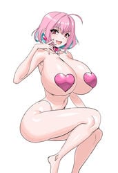 1girls breasts collar female heart_pasties huge_breasts idolmaster idolmaster_cinderella_girls maniacpaint navel pasties pink_eyes pink_hair pink_heart_pasties pink_pasties short_hair simple_background sitting solo thighs two_tone_hair yumemi_riamu