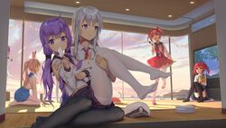 blonde_hair chilling female female_only grey_hair pink_hair purple_hair teenager white_hair