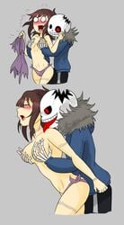 1boy 1girls aliza_(horrortale) aniitaruiz blue_jacket blush blushing breasts brown_hair closed_eyes clothed clothed_rape comic female grey_background grey_shirt groping_breasts groping_from_behind holding_dress holding_object horrortale licking_shoulder long_hair male nipples open_mouth panties partially_clothed purple_dress purple_panties red_eye red_tongue sans sans_(horrortale) scars simple_background smiling striped_shorts surprised teeth tongue tongue_out topless undertale undertale_fanfiction