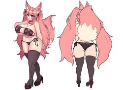 ass back_view big_ass blush choker eyepatch_bikini fox fox_ears fox_girl fox_tail front_view high_heels huge_breasts kireina_pinky_fox looking_at_viewer midriff mole_on_breast original osiimi pink_eyes pink_fur pink_hair pinky_fox_(osiimi) side-tie_bikini thick_thighs thighhighs tongue_out twintails virtual_youtuber