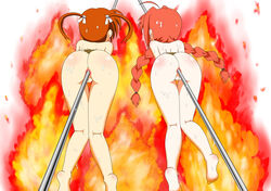 2girls all_the_way_through anal_insertion ass barefoot bondage cooking death extreme_content feet female female_death fire from_behind high_resolution impaled insertion literal_spitroast lyrical_nanoha mahou_shoujo_lyrical_nanoha multiple_girls nude red_hair restrained rope spitted takamachi_nanoha very_high_resolution vita