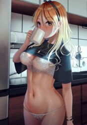 1girls blonde_hair blue_eyes blush bra breasts cleavage clothing drinking female female_only gyaru idolmaster idolmaster_shiny_colors izumi_mei kitchen legs_together lingerie long_hair looking_at_viewer matching_underwear mug navel panties shirt shirt_lift stomach testame white_bra white_panties wide_hips