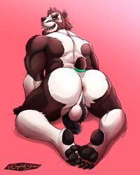 2020 absurd_res all_fours anthro anus ass back_muscles ball_tuft balls biceps blush bodily_fluids claws facial_hair feet genital_fluids genitals giant_panda green_eyes grin hair hi_res jrbart looking_back male male_only mammal muscular muscular_male nude open_mouth pawpads penis perineum precum presenting presenting_hindquarters quads sharp_teeth smile solo tail_ring teeth toe_claws tongue tongue_out triceps tuft ursid