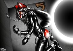 2020 absurd_res anal anal_sex anthro black_collar black_hair bondage bondage_gloves bound canid canine chains chastity_cage chastity_device collar cosia detailed_background fox genitals hair hi_res male male_only mammal muzzle_(object) muzzled penetration penis petplay puppyplay roleplay teddy_bear yellow_eyes