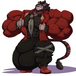 5_fingers anthro balls big_balls big_bulge big_muscles big_penis black_mane bobert bottomwear bulge clothing felid final_fantasy final_fantasy_xiv fingers footwear genitals grin hi_res hrothgar huge_balls huge_bulge huge_cock huge_muscles hyper hyper_balls hyper_bulge hyper_genitalia hyper_muscles hyper_penis laz_(swaggyaces) lion looking_at_viewer male male_only mammal mane muscular necktie pantherine pants penis shoes simple_background smile solo square_enix suit video_games white_background