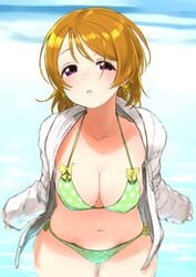 1girls beach belly big_breasts bikini bikini_bottom bikini_top brown_hair cleavage clothed depth_of_field earrings female_only half-closed_eyes hanging_breasts hoodie koizumi_hanayo large_breasts leaning_forward light-skinned_female light_brown_hair light_skin looking_at_viewer love_live! love_live!_school_idol_project navel open_clothes open_hoodie open_shirt outside partially_clothed polka_dot purple_hair pursed_lips short_hair side-tie_bikini solo sweatshirt sweatshirt_and_bikini swimsuit thigh_gap white_skin wide_hips