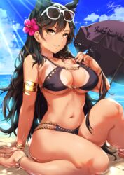 1girls animal_ears anklet arm_support armlet artist_name atago_(azur_lane) azur_lane bangs barefoot beach beach_umbrella big_breasts bikini bikini_tug black_bikini black_hair black_umbrella blush bracelet breasts brown_eyes cleavage_cutout cloud collarbone day earrings extra_ears eyebrows_visible_through_hair female female_only flower grin hair_flower hair_ornament highres hoop_earrings jewelry knee_up large_breasts long_hair looking_at_viewer mole mole_under_eye nail_polish navel outdoors parted_lips partially_submerged red_nails ribbon sakiyamama signature sitting skindentation smile solo sparkle stomach strap_pull sunlight swept_bangs swimsuit tan tanline thighs umbrella wet