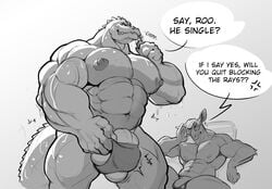 abs absurd_res alligator alligatorid angry anthro balls big_biceps clothed clothing crocodilian dialogue duo english_text eyewear genitals grey_background hi_res kangaroo macropod male male_only mammal marsupial monochrome muscular muscular_male navel partially_clothed penis reptile scalie simple_background sitting size_difference sketch speech_bubble speedo sunglasses swimwear text thepurp topless