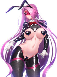 animal_ears artist_request bangs black_heart_pasties black_jacket black_legwear black_pasties blindfold bow bowtie breasts bunny_ears cropped_jacket facial_mark fate/stay_night fate_(series) female fishnet_legwear fishnets forehead forehead_mark gloves heart_pasties highres jacket large_breasts long_hair long_sleeves maebari medusa_(fate) meme_attire minami_koyogi navel pasties purple_hair red_bow revealing_clothes reverse_bunnysuit reverse_outfit shrug_(clothing) simple_background solo thighs very_long_hair white_background white_gloves