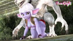 3d 3d_(artwork) areolae bizarredelights breasts league_of_legends nipples sfm size_difference source_filmmaker stomach_bulge tristana werewolf yordle