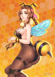 1girls aerith_gainsborough alternate_costume ass bangs bee_costume bee_girl braid braided_hair brown_hair burbur collar costume cuffs exotic_dancer final_fantasy final_fantasy_vii final_fantasy_vii_remake fishnet frills green_hair honey_bee_inn honeybee_inn_uniform legs leotard light_skin pantyhose sheer_legwear sideboob wings