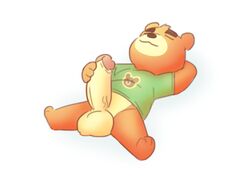 2020 animal_crossing anthro balls brown_body brown_fur chibi closed_eyes clothing erection fur genitals hi_res humanoid_genitalia humanoid_hands humanoid_penis lying male male_masturbation male_only mammal marcelstays nintendo penis shirt simple_background solo solo_male teddy_(animal_crossing) topwear ursid video_games white_background