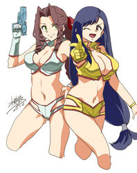 aerith_gainsborough cleavage cosplay crossover dirty_pair final_fantasy final_fantasy_vii guns half_naked kei_(dirty_pair)_(cosplay) mizuryuu_kei outfit_swap pose small_clothes tifa_lockhart yuri_(dirty_pair)_(cosplay)