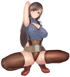 arm_up armor belt big_breasts blush boots breasts brown_hair cameltoe cleavage cleavage_cutout final_fantasy final_fantasy_vii final_fantasy_vii_remake kneeling legs leotard long_hair medium_breasts open_legs outfit_swap outfit_variant parrotzzz pose red_eyes spread_legs stockings suspenders thighhighs thighs tifa_lockhart uniform vulva